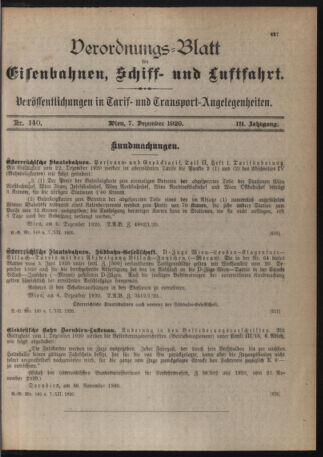 Verordnungs-Blatt für Eisenbahnen und Schiffahrt: Veröffentlichungen in Tarif- und Transport-Angelegenheiten 19201207 Seite: 1