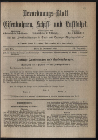 Verordnungs-Blatt für Eisenbahnen und Schiffahrt: Veröffentlichungen in Tarif- und Transport-Angelegenheiten 19201211 Seite: 1