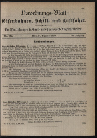 Verordnungs-Blatt für Eisenbahnen und Schiffahrt: Veröffentlichungen in Tarif- und Transport-Angelegenheiten 19201214 Seite: 1