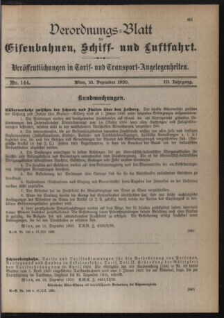 Verordnungs-Blatt für Eisenbahnen und Schiffahrt: Veröffentlichungen in Tarif- und Transport-Angelegenheiten 19201218 Seite: 1