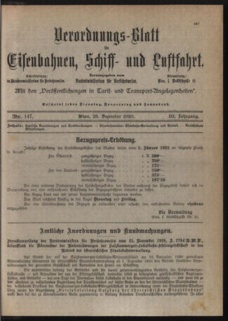 Verordnungs-Blatt für Eisenbahnen und Schiffahrt: Veröffentlichungen in Tarif- und Transport-Angelegenheiten 19201225 Seite: 1