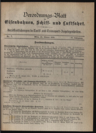 Verordnungs-Blatt für Eisenbahnen und Schiffahrt: Veröffentlichungen in Tarif- und Transport-Angelegenheiten 19210125 Seite: 1