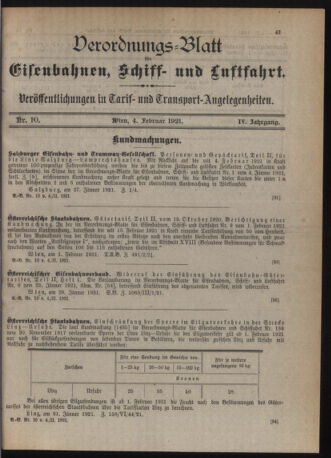 Verordnungs-Blatt für Eisenbahnen und Schiffahrt: Veröffentlichungen in Tarif- und Transport-Angelegenheiten 19210204 Seite: 1