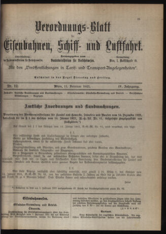 Verordnungs-Blatt für Eisenbahnen und Schiffahrt: Veröffentlichungen in Tarif- und Transport-Angelegenheiten 19210211 Seite: 1