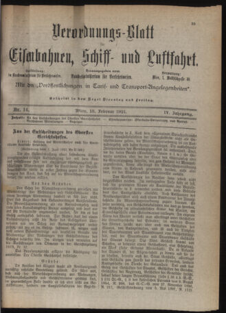 Verordnungs-Blatt für Eisenbahnen und Schiffahrt: Veröffentlichungen in Tarif- und Transport-Angelegenheiten 19210218 Seite: 1