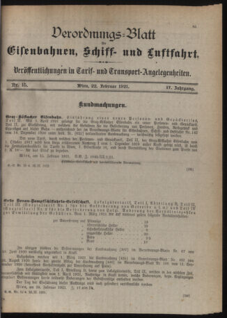 Verordnungs-Blatt für Eisenbahnen und Schiffahrt: Veröffentlichungen in Tarif- und Transport-Angelegenheiten 19210222 Seite: 1