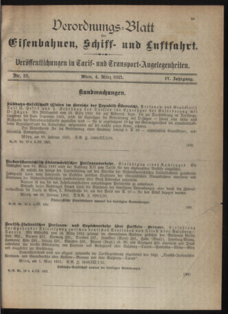 Verordnungs-Blatt für Eisenbahnen und Schiffahrt: Veröffentlichungen in Tarif- und Transport-Angelegenheiten 19210304 Seite: 1