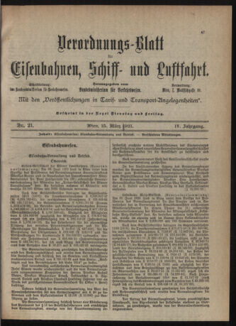 Verordnungs-Blatt für Eisenbahnen und Schiffahrt: Veröffentlichungen in Tarif- und Transport-Angelegenheiten 19210315 Seite: 1