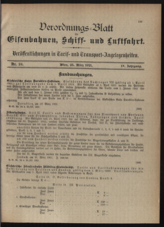 Verordnungs-Blatt für Eisenbahnen und Schiffahrt: Veröffentlichungen in Tarif- und Transport-Angelegenheiten 19210325 Seite: 1