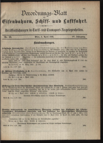 Verordnungs-Blatt für Eisenbahnen und Schiffahrt: Veröffentlichungen in Tarif- und Transport-Angelegenheiten 19210408 Seite: 1