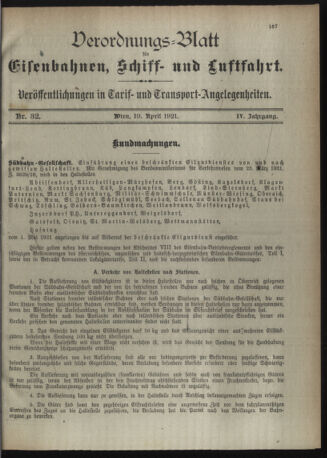 Verordnungs-Blatt für Eisenbahnen und Schiffahrt: Veröffentlichungen in Tarif- und Transport-Angelegenheiten 19210419 Seite: 1