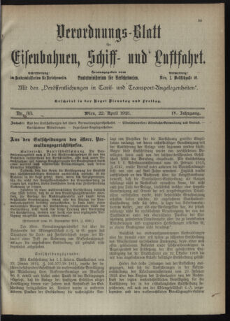 Verordnungs-Blatt für Eisenbahnen und Schiffahrt: Veröffentlichungen in Tarif- und Transport-Angelegenheiten 19210422 Seite: 1