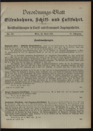 Verordnungs-Blatt für Eisenbahnen und Schiffahrt: Veröffentlichungen in Tarif- und Transport-Angelegenheiten 19210422 Seite: 3