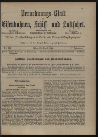 Verordnungs-Blatt für Eisenbahnen und Schiffahrt: Veröffentlichungen in Tarif- und Transport-Angelegenheiten 19210429 Seite: 1