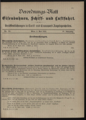 Verordnungs-Blatt für Eisenbahnen und Schiffahrt: Veröffentlichungen in Tarif- und Transport-Angelegenheiten 19210503 Seite: 1