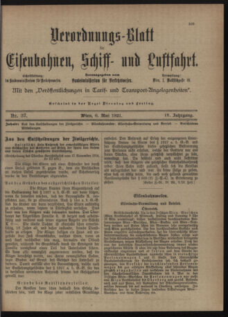 Verordnungs-Blatt für Eisenbahnen und Schiffahrt: Veröffentlichungen in Tarif- und Transport-Angelegenheiten 19210506 Seite: 1