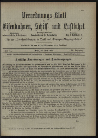 Verordnungs-Blatt für Eisenbahnen und Schiffahrt: Veröffentlichungen in Tarif- und Transport-Angelegenheiten 19210520 Seite: 1