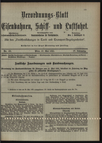 Verordnungs-Blatt für Eisenbahnen und Schiffahrt: Veröffentlichungen in Tarif- und Transport-Angelegenheiten 19210527 Seite: 1