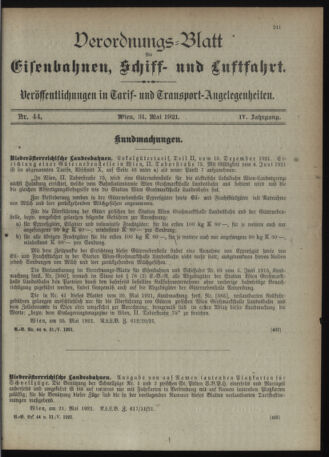 Verordnungs-Blatt für Eisenbahnen und Schiffahrt: Veröffentlichungen in Tarif- und Transport-Angelegenheiten 19210531 Seite: 1