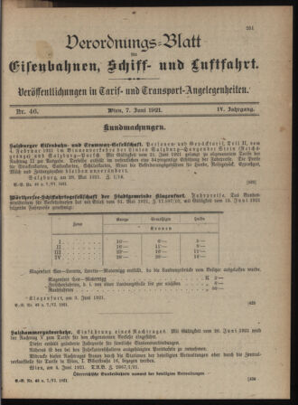 Verordnungs-Blatt für Eisenbahnen und Schiffahrt: Veröffentlichungen in Tarif- und Transport-Angelegenheiten 19210607 Seite: 1