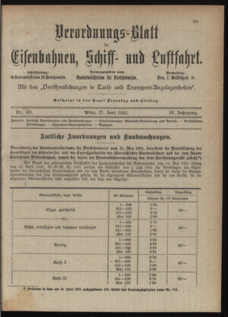 Verordnungs-Blatt für Eisenbahnen und Schiffahrt: Veröffentlichungen in Tarif- und Transport-Angelegenheiten 19210617 Seite: 1