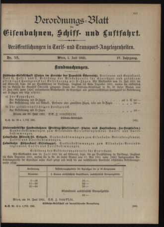 Verordnungs-Blatt für Eisenbahnen und Schiffahrt: Veröffentlichungen in Tarif- und Transport-Angelegenheiten 19210701 Seite: 1