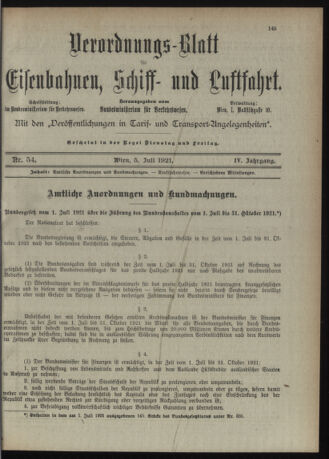 Verordnungs-Blatt für Eisenbahnen und Schiffahrt: Veröffentlichungen in Tarif- und Transport-Angelegenheiten 19210705 Seite: 1