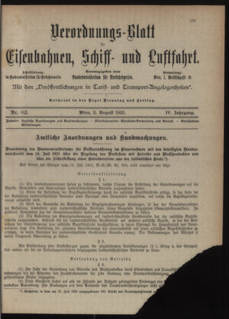 Verordnungs-Blatt für Eisenbahnen und Schiffahrt: Veröffentlichungen in Tarif- und Transport-Angelegenheiten 19210802 Seite: 1