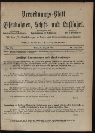 Verordnungs-Blatt für Eisenbahnen und Schiffahrt: Veröffentlichungen in Tarif- und Transport-Angelegenheiten 19210816 Seite: 1