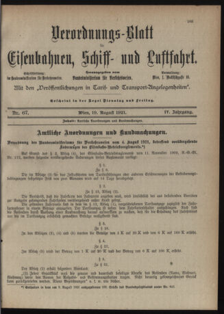 Verordnungs-Blatt für Eisenbahnen und Schiffahrt: Veröffentlichungen in Tarif- und Transport-Angelegenheiten 19210819 Seite: 1