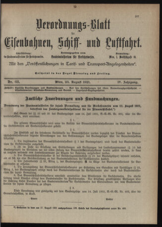 Verordnungs-Blatt für Eisenbahnen und Schiffahrt: Veröffentlichungen in Tarif- und Transport-Angelegenheiten 19210823 Seite: 1