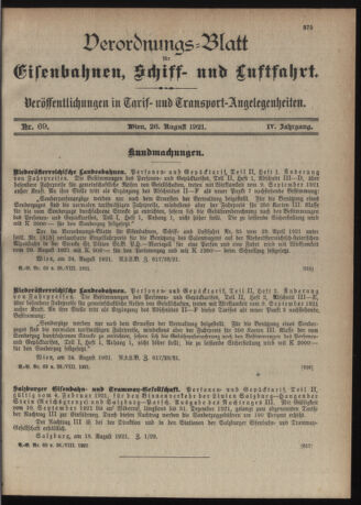 Verordnungs-Blatt für Eisenbahnen und Schiffahrt: Veröffentlichungen in Tarif- und Transport-Angelegenheiten 19210826 Seite: 1