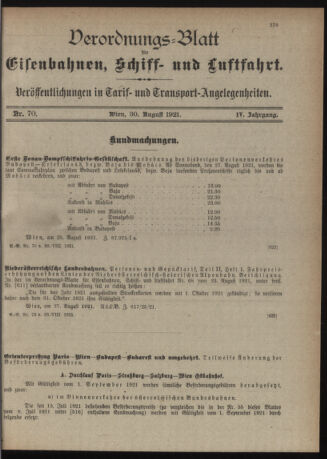 Verordnungs-Blatt für Eisenbahnen und Schiffahrt: Veröffentlichungen in Tarif- und Transport-Angelegenheiten 19210830 Seite: 1