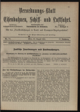 Verordnungs-Blatt für Eisenbahnen und Schiffahrt: Veröffentlichungen in Tarif- und Transport-Angelegenheiten 19210830 Seite: 3