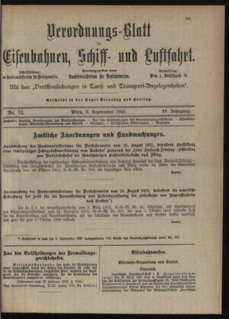 Verordnungs-Blatt für Eisenbahnen und Schiffahrt: Veröffentlichungen in Tarif- und Transport-Angelegenheiten 19210906 Seite: 1