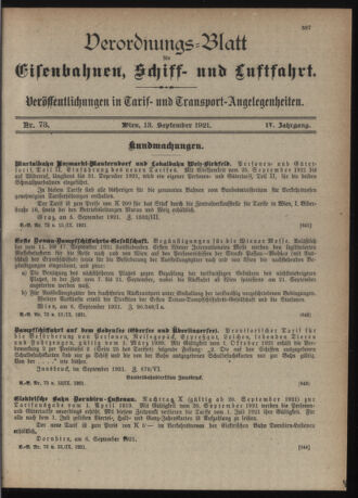 Verordnungs-Blatt für Eisenbahnen und Schiffahrt: Veröffentlichungen in Tarif- und Transport-Angelegenheiten 19210913 Seite: 1