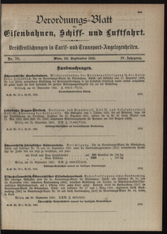 Verordnungs-Blatt für Eisenbahnen und Schiffahrt: Veröffentlichungen in Tarif- und Transport-Angelegenheiten 19210923 Seite: 1