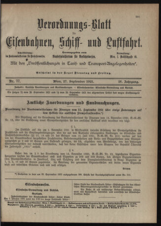 Verordnungs-Blatt für Eisenbahnen und Schiffahrt: Veröffentlichungen in Tarif- und Transport-Angelegenheiten 19210927 Seite: 1