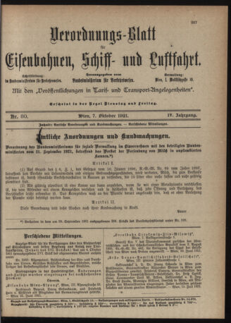 Verordnungs-Blatt für Eisenbahnen und Schiffahrt: Veröffentlichungen in Tarif- und Transport-Angelegenheiten 19211007 Seite: 1