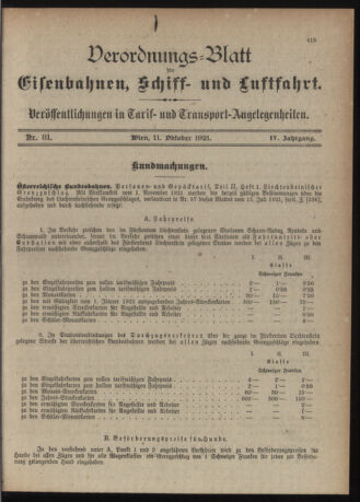 Verordnungs-Blatt für Eisenbahnen und Schiffahrt: Veröffentlichungen in Tarif- und Transport-Angelegenheiten 19211011 Seite: 1