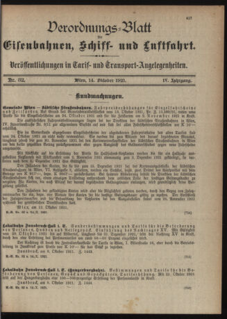 Verordnungs-Blatt für Eisenbahnen und Schiffahrt: Veröffentlichungen in Tarif- und Transport-Angelegenheiten 19211014 Seite: 1