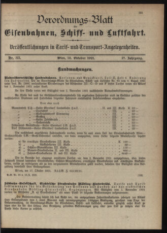 Verordnungs-Blatt für Eisenbahnen und Schiffahrt: Veröffentlichungen in Tarif- und Transport-Angelegenheiten 19211018 Seite: 1