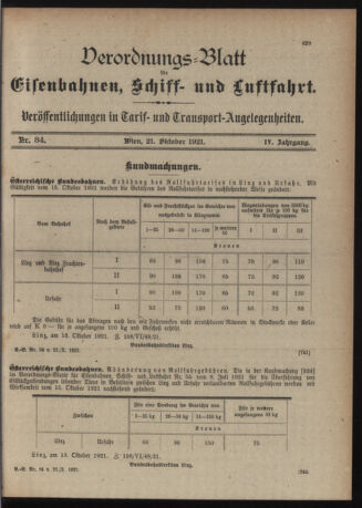 Verordnungs-Blatt für Eisenbahnen und Schiffahrt: Veröffentlichungen in Tarif- und Transport-Angelegenheiten 19211021 Seite: 1