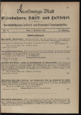 Verordnungs-Blatt für Eisenbahnen und Schiffahrt: Veröffentlichungen in Tarif- und Transport-Angelegenheiten 19211101 Seite: 1