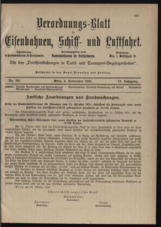 Verordnungs-Blatt für Eisenbahnen und Schiffahrt: Veröffentlichungen in Tarif- und Transport-Angelegenheiten 19211104 Seite: 1