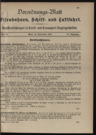 Verordnungs-Blatt für Eisenbahnen und Schiffahrt: Veröffentlichungen in Tarif- und Transport-Angelegenheiten 19211115 Seite: 1