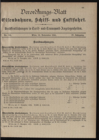 Verordnungs-Blatt für Eisenbahnen und Schiffahrt: Veröffentlichungen in Tarif- und Transport-Angelegenheiten 19211118 Seite: 1