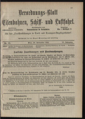 Verordnungs-Blatt für Eisenbahnen und Schiffahrt: Veröffentlichungen in Tarif- und Transport-Angelegenheiten 19211129 Seite: 1