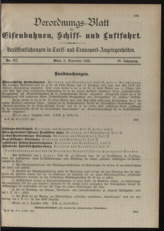 Verordnungs-Blatt für Eisenbahnen und Schiffahrt: Veröffentlichungen in Tarif- und Transport-Angelegenheiten 19211206 Seite: 1