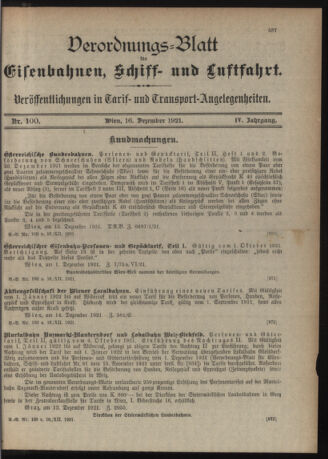 Verordnungs-Blatt für Eisenbahnen und Schiffahrt: Veröffentlichungen in Tarif- und Transport-Angelegenheiten 19211216 Seite: 1